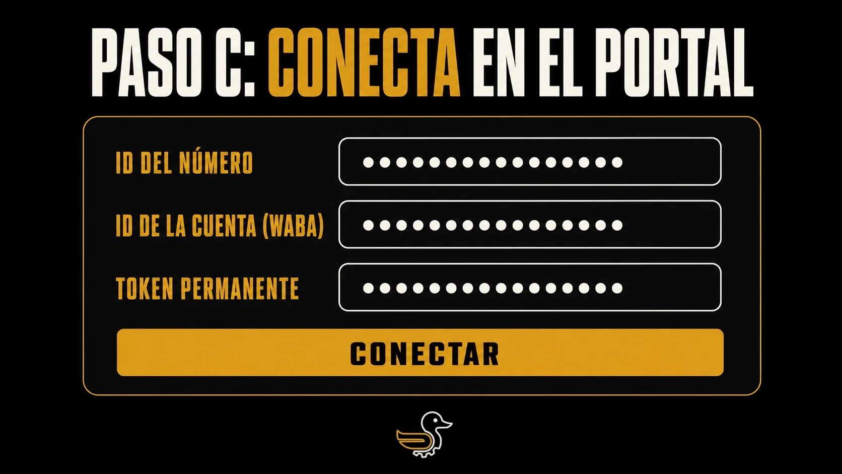 Paso C, conecta WhatsApp en el portal de Vaucan pegando tres datos: ID del número, ID de la cuenta (WABA) y token permanente.